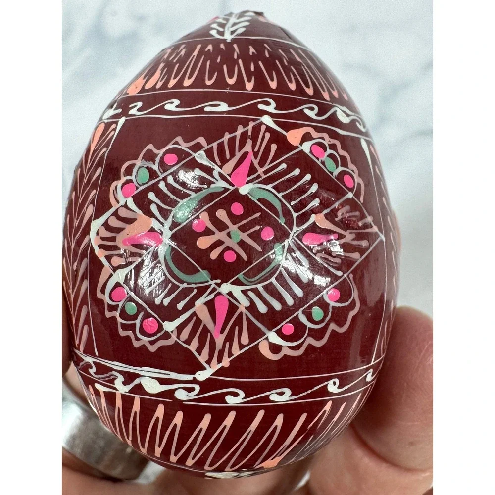 Hand Painted Wooden Easter Egg Set 3 Eggs and Display Plate Burgundy Folk Art